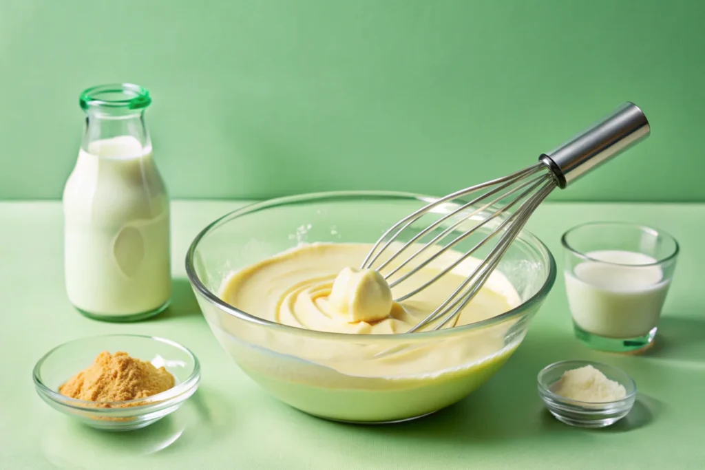 Close-up of a bowl with a creamy pancake batter being stirred, showcasing warm milk, melted butter, and vanilla extract, surrounded by kitchen ingredients