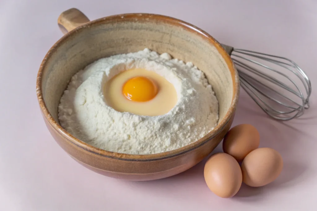 Mixing bowl containing flour, salt, and sugar with a well in the center, featuring three cracked eggs and a whisk, set in a cozy kitchen