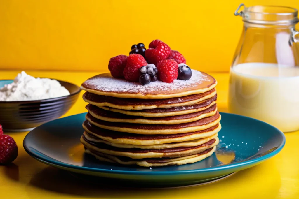 Stack of golden brown thin milk pancakes on a plate, garnished with fresh fruits and syrup, alongside a bowl of flour and measuring cup of milk